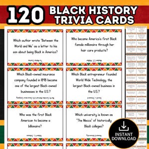 120 Black History Month-triviakaarten, afdrukbare Black History Month-spellen, Black History-quiz, klasactiviteit voor kinderen, Instant Download
