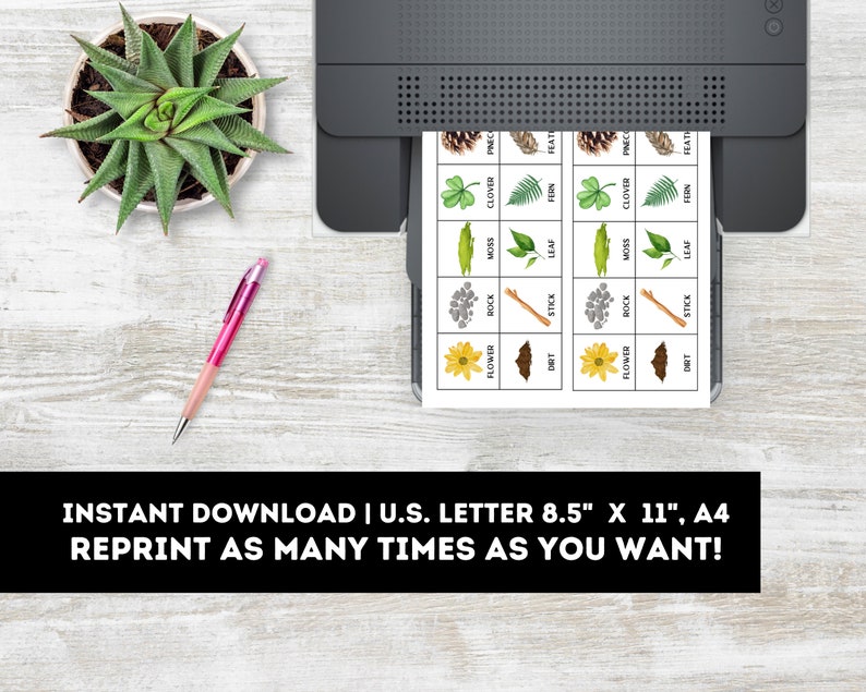 May include: Printable nature-themed matching game with 16 cards featuring images of pine cones, clover, ferns, moss, leaves, rocks, sticks, dirt, and flowers. The cards are printed on white paper and are ready to be cut out and used for a fun learning activity.
