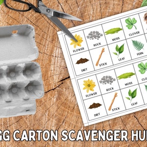 May include: A printable scavenger hunt game for kids. The game features a list of nature items to find, such as a flower, rock, moss, clover, pinecone, dirt, stick, leaf, fern, and feather. The game is designed to be played with an egg carton.
