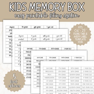 Memory Box Filing System Printable, Milestone Tote Labels, File Tabs for School Memory Keepsake Box, Back to School Printable | USA & UK