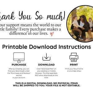 Digital download instructions with thank you message and family photo. Shows icons for Purchase, Download, and Print steps. Includes note that this is digital only, not physical product.