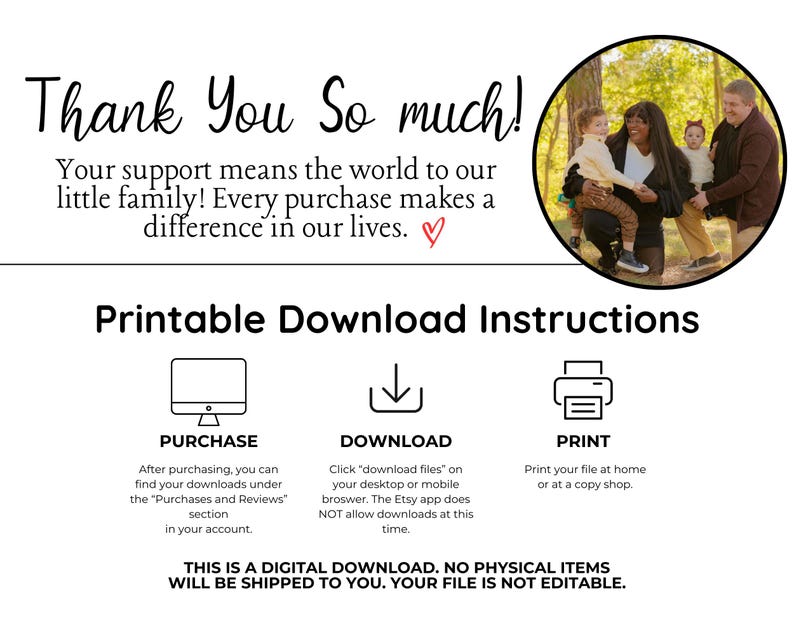 Digital download instructions with thank you message and family photo. Shows icons for Purchase, Download, and Print steps. Includes note that this is digital only, not physical product.