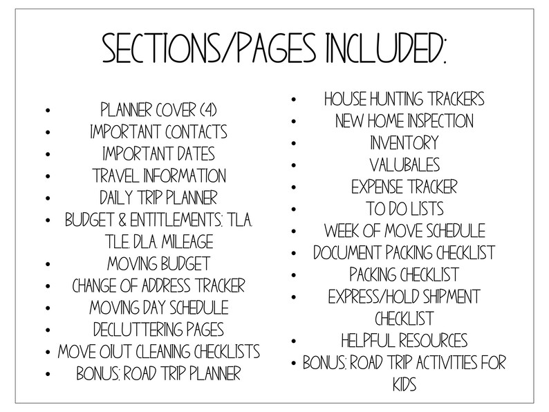 Puede incluir: Una lista de verificaci&oacute;n en blanco y negro de las secciones y p&aacute;ginas incluidas en un planificador de mudanzas. La lista de verificaci&oacute;n incluye secciones para contactos importantes, informaci&oacute;n de viaje, presupuesto, presupuesto de mudanza, rastreadores de b&uacute;squeda de vivienda, listas de verificaci&oacute;n de empaque y m&aacute;s.