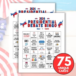 Tarjetas de bingo para el debate vicepresidencial de 2024, debate de Walz contra Vance, juego de fiesta para ver el debate electoral, juego de beber para el debate de vicepresidentes