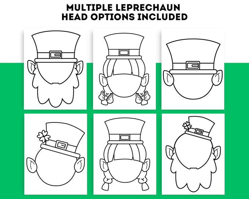 Six different leprechaun head templates showing various style options. Includes versions with beards, bows, and different hat decorations. All are outline drawings ready for features to be added.