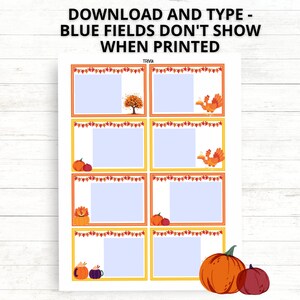 K&ouml;nnte beinhalten: Druckbare Geschenkanh&auml;nger zum Thema Herbst mit orangefarbenen, gelben und roten Bl&auml;ttern, K&uuml;rbissen und einem Vogeldesign. Der Text "Download and Type - Blue Fields Don't Show When Printed" befindet sich oben auf der Seite.