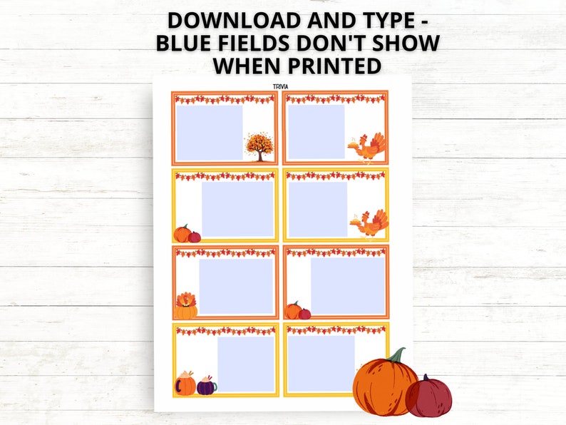 K&ouml;nnte beinhalten: Druckbare Geschenkanh&auml;nger zum Thema Herbst mit orangefarbenen, gelben und roten Bl&auml;ttern, K&uuml;rbissen und einem Vogeldesign. Der Text "Download and Type - Blue Fields Don't Show When Printed" befindet sich oben auf der Seite.
