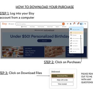 Screenshot of Etsy website showing 3-step download instructions: 1) Log into account 2) Click Purchases in dropdown menu 3) Click Download Files button. Shows Etsy homepage interface.