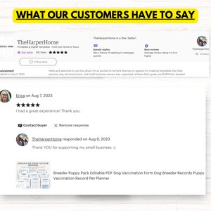 Puede incluir: Una captura de pantalla de una rese&ntilde;a de Etsy para un paquete PDF imprimible para criadores de perros. La rese&ntilde;a es positiva y dice "&iexcl;Tuve una gran experiencia! Gracias." El nombre del revisor es Erica y la fecha de la rese&ntilde;a es el 7 de agosto de 2023. El due&ntilde;o de la tienda respondi&oacute; el 9 de agosto de 2023 agradeciendo al cliente por apoyar su peque&ntilde;o negocio. El producto es un paquete PDF imprimible que incluye un paquete de cachorros de criador, un formulario de vacunaci&oacute;n de perros editable, registros de criadores de perros, registros de vacunaci&oacute;n de cachorros y un planificador de mascotas.