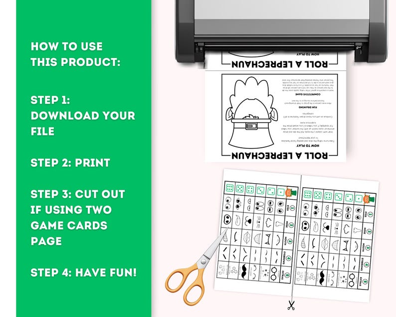 Instructions for using digital download: Step 1: Download file, Step 2: Print, Step 3: Cut out if using two game cards, Step 4: Have fun! Shows printer printing game sheets with scissors.