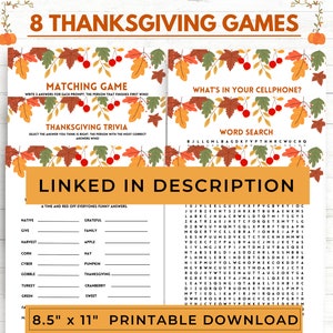 K&ouml;nnte beinhalten: Druckbare Thanksgiving-Spiele mit Herbstthema. Die Spiele beinhalten ein Matching-Spiel, ein Quiz, eine Wortsuche und ein L&uuml;ckentext-Spiel. Die Spiele sind 8,5 Zoll mal 11 Zoll gro&szlig;.