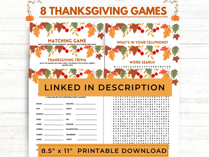 K&ouml;nnte beinhalten: Druckbare Thanksgiving-Spiele mit Herbstthema. Die Spiele beinhalten ein Matching-Spiel, ein Quiz, eine Wortsuche und ein L&uuml;ckentext-Spiel. Die Spiele sind 8,5 Zoll mal 11 Zoll gro&szlig;.