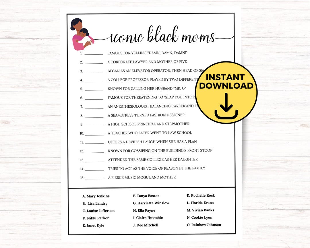 Iconic Black Moms Trivia for Baby Showers, Mommy to Be Game, Black Mama