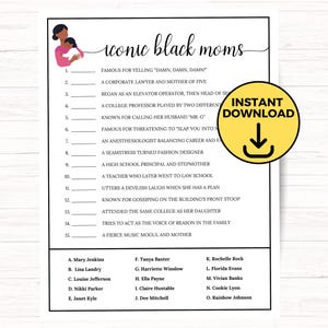 Iconische Black Moms-trivia voor babyshowers, Mommy to Be-spel, Black Mama match-up babyshowerspel, afdrukbaar zwart Moederdagspel