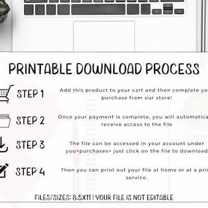 May include: Printable download process infographic with four steps: add to cart, complete purchase, access file, and print. The infographic includes icons for each step and text describing the process. The text at the bottom of the infographic reads "FILES/SIZES: 8.5X11 | YOUR FILE IS NOT EDITABLE".