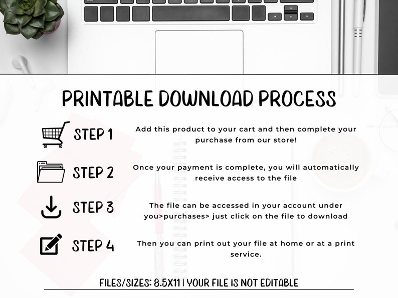 May include: Printable download process infographic with four steps: add to cart, complete purchase, access file, and print. The infographic includes icons for each step and text describing the process. The text at the bottom of the infographic reads "FILES/SIZES: 8.5X11 | YOUR FILE IS NOT EDITABLE".