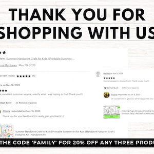 May include: A screenshot of an Etsy shop review page. The review is for a printable summer handprint craft for kids. The review is positive and includes a five-star rating. The shop owner has responded to the review, thanking the customer for their feedback. The image also includes a discount code for 20% off any three products.