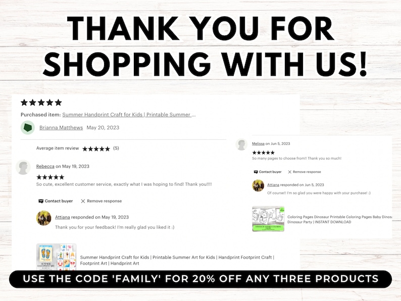 May include: A screenshot of an Etsy shop review page. The review is for a printable summer handprint craft for kids. The review is positive and includes a five-star rating. The shop owner has responded to the review, thanking the customer for their feedback. The image also includes a discount code for 20% off any three products.