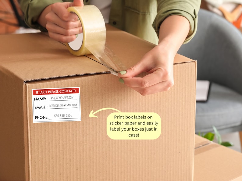 May include: A brown cardboard box with a white label that says "IF LOST PLEASE CONTACT:" with fields for name, email, and phone number. The box is being taped shut with clear tape. Text on a yellow background says "Print box labels on sticker paper and easily label your boxes just in case!"