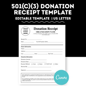501c3 Donation Receipt, Editable Template for Nonprofit Donations, Charity Receipt, Tax Deductible Form, Canva Template