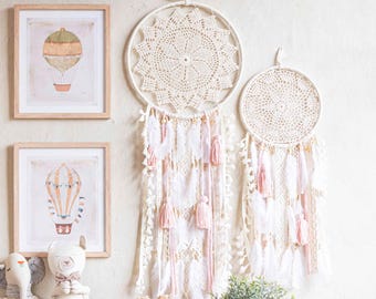 Crochet Dreamcatcher Set Boho Nursery Wall Hanging Baby Girl Room Decor Pink Gift Handmade Whimsical Shower Present Newborn Kids Unique