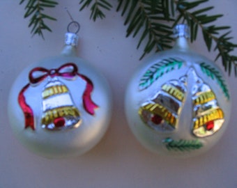 Set of 2  BELLS  on  ROUND, Christmas ORNAMENTS, from Czecoslovakia