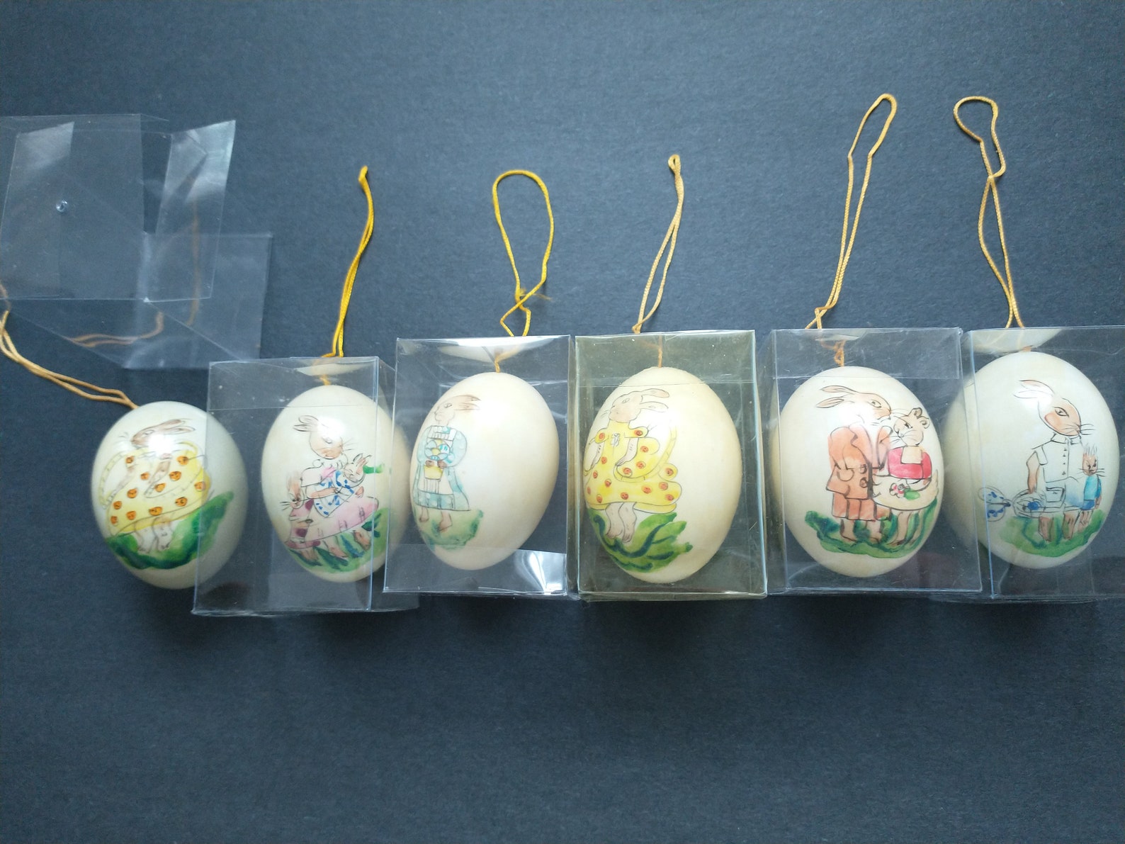 Set of 6 REAL EGGSHELLS hand painted with asst. bunny scenes