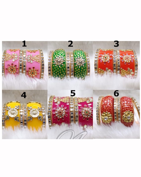 Designer Hand Painted Kangan Set Pakistani Eid Kundan Beaded Bangles Multi Color Party Wear Small Length Chura Punjabi Kada Chuda