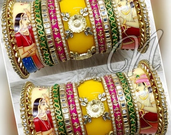 Rajwadi Style Raja Rani Hand Painting Bridal Chura Set in Yellow