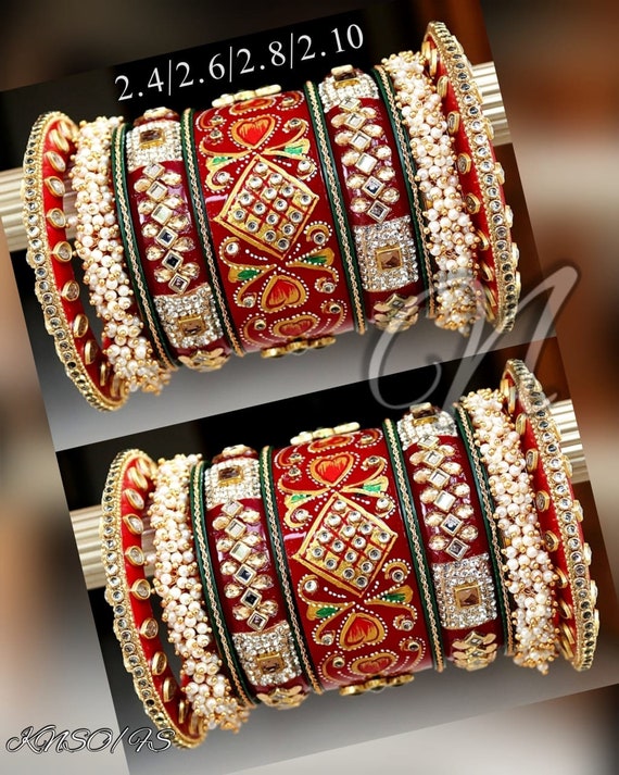 Indian Bridal Heavy Pearls Kundan Work Chura Set, Punjabi Wedding Hand  Painting Glass Stone Chuda, Pakistani Party Wear Bangles
