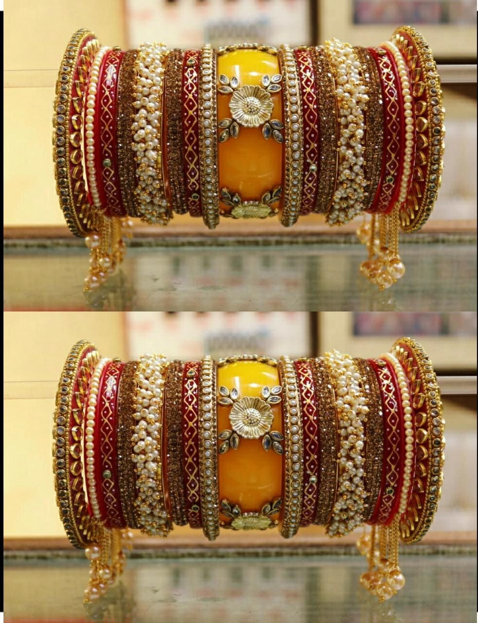 Buy Rajwadi Red & Yellow Wedding Bangles Set Indian Bridal Pearls ...