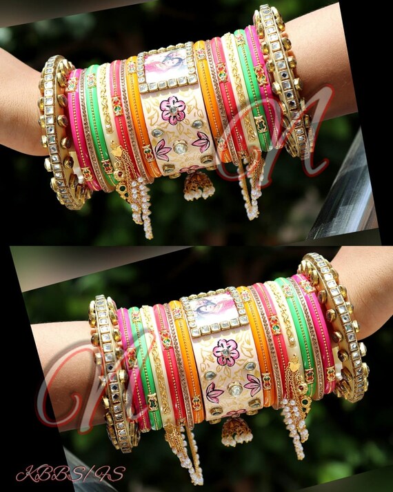 Designer Indian Multi Color Wedding Photo Chura Set Punjabit