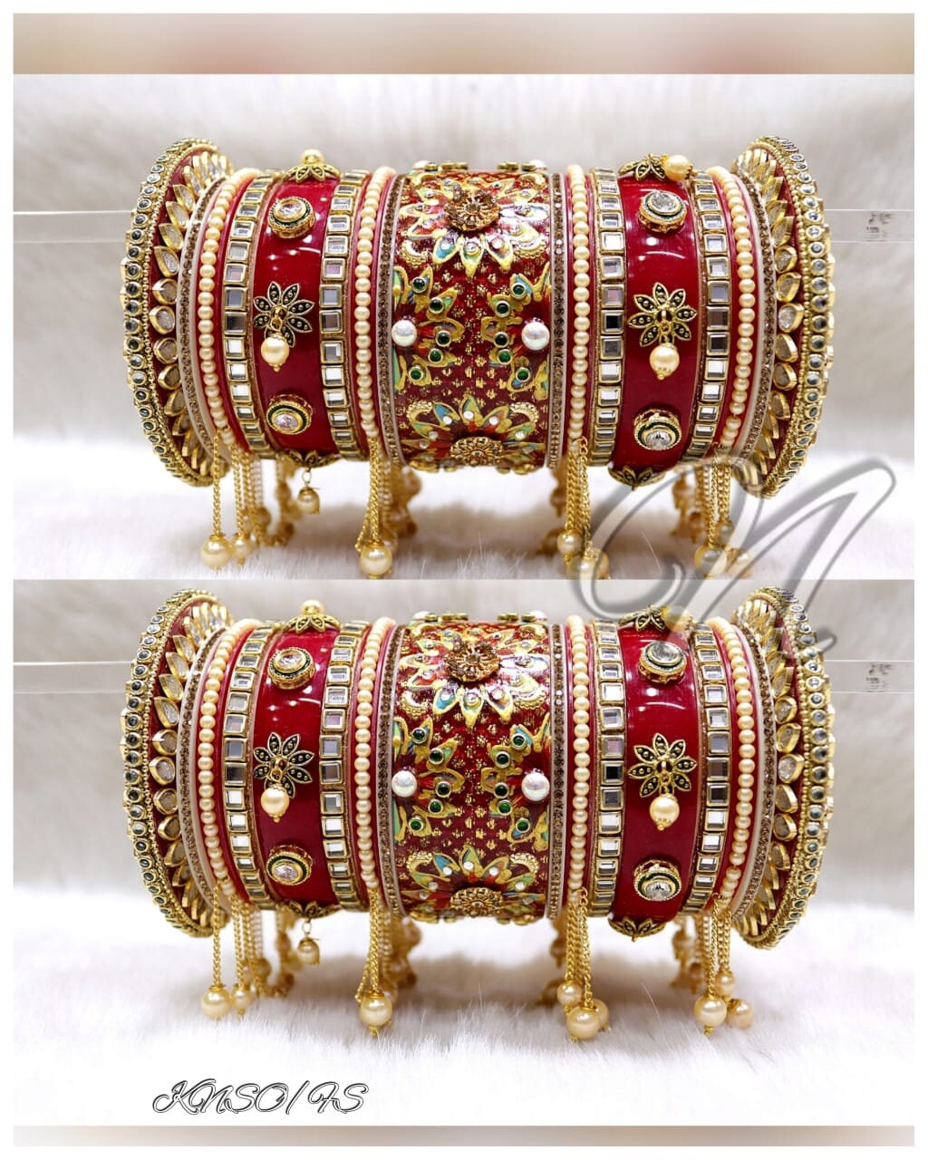 Indian Bridal Red Golden Hand Painted Minakari Chura Pakistani Wedding Hanging Pearls Chain Chuda Punjabi Kundan Choora Eid Bangles Set