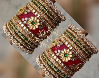 Ethnic Indian Bridal Red and Green Color Chura Set Heavy Glass Kundan & Stone Work Bangles Acrylic Base Chuda