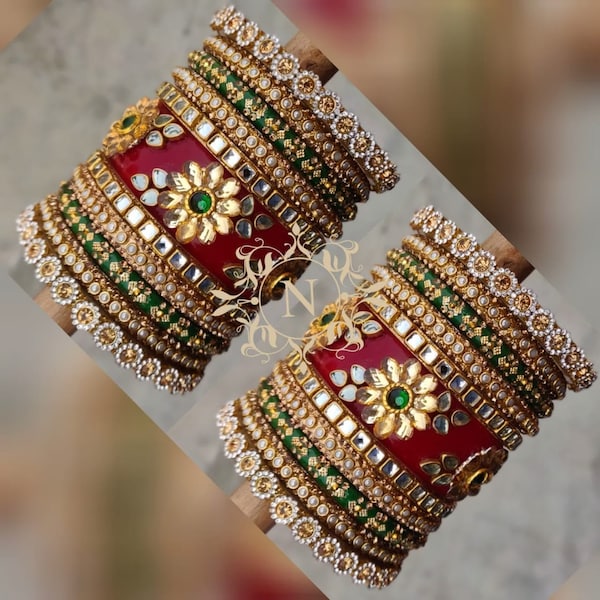 Ethnic Indian Bridal Red and Green Color Chura Set Heavy Glass Kundan & Stone Work Bangles Acrylic Base Chuda