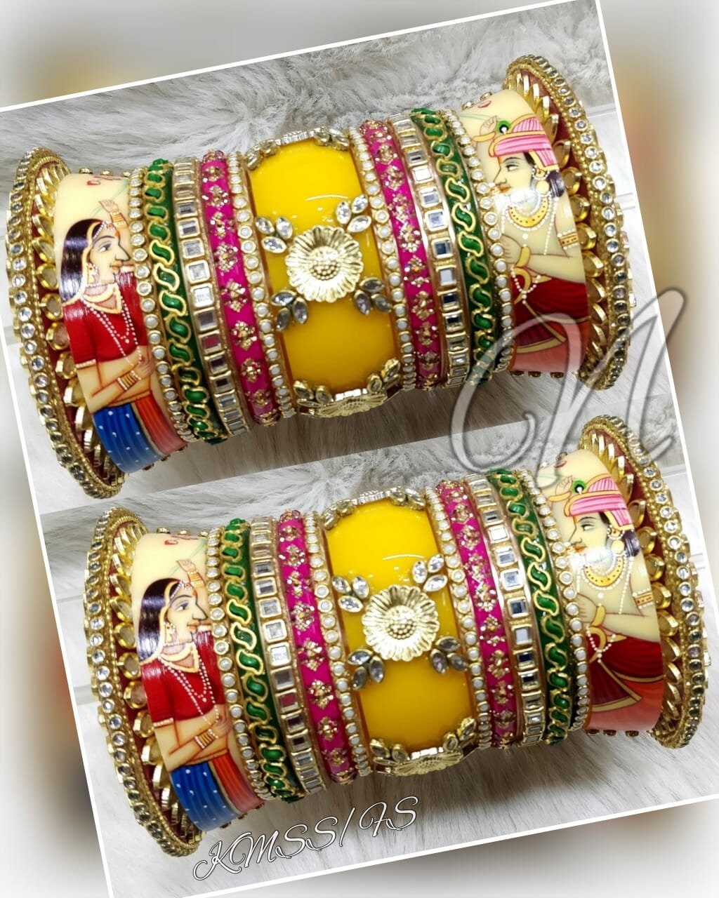 Rajwadi Style Raja Rani Hand Painting Bridal Chura Set in Yellow Color Indian Wedding Glass Kundan Work Chuda Punjabi Bangles Kangan Kada Etsy