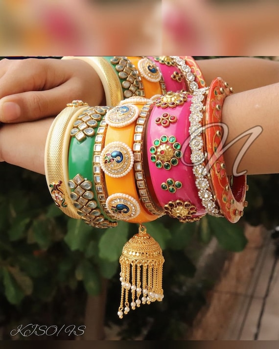 Pink Yellow Green Bridal Glass Kundan Work Chuda Set Indian Multi Color Hanging Golden Jhumki Wedding Chura Pakistani Eid Bangles Kangan