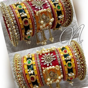 Designer Indian Haldi Ceremony Bridal Chura Set, Punjabi Style Mulit Color Hanging Pearls Wedding Chuda, Pakistani Eid Bangles Kangan Kada