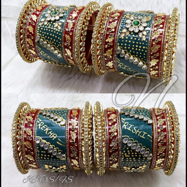 Red & Green Hand Painted Name Chura Set, Indian Bridal Glass Kundan Work Chuda, Punjabi Style Party Wear Eid Bangles Kangan Kada