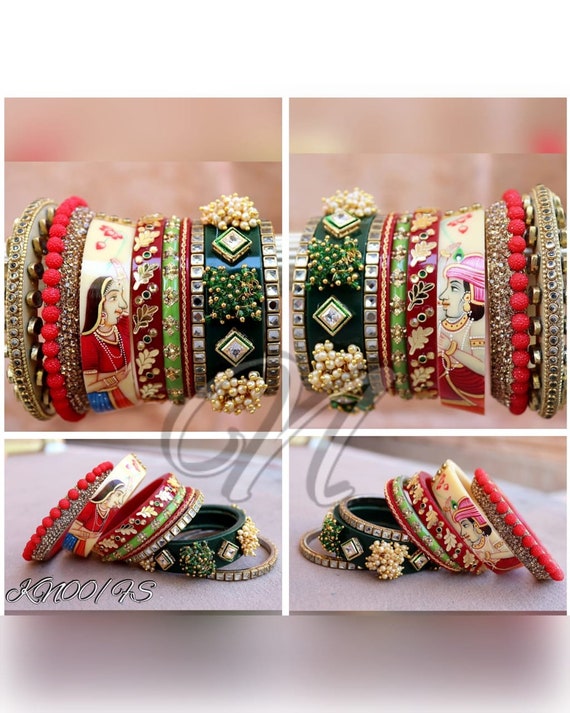 Indian Wedding Hand Painted Wedding Chura Set, Pearls Jhumki