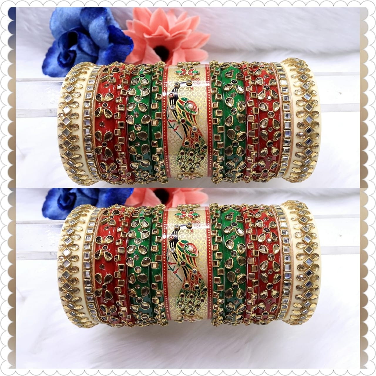 Rajwadi Wedding Red & Green Chura Set, Indian Peacock Figures Hand
