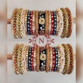 Traditional Indian Heavy Glass Kundan Work Bridal Chura Set, Hand Painted Pearls Beaded Bangles Wedding Set, Pakistani Eid Kangan Kada