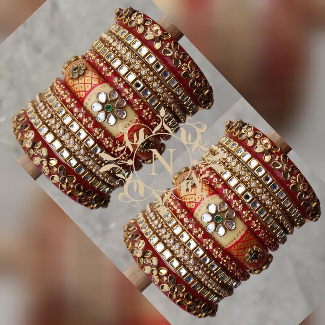 Ethnic Hand Painted Bridal Chura Set Floral Shape Setting of Kundan On Center Piece Multi Color Bangles Chuda Acrylic Base