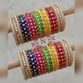 Ethnic Indian Hand Work Multi Color Bridal Chura Set, Punjabi Kundan & Stone Work Wedding Bangles, Rajwadi Party Wear Pearl Work Chuda Set