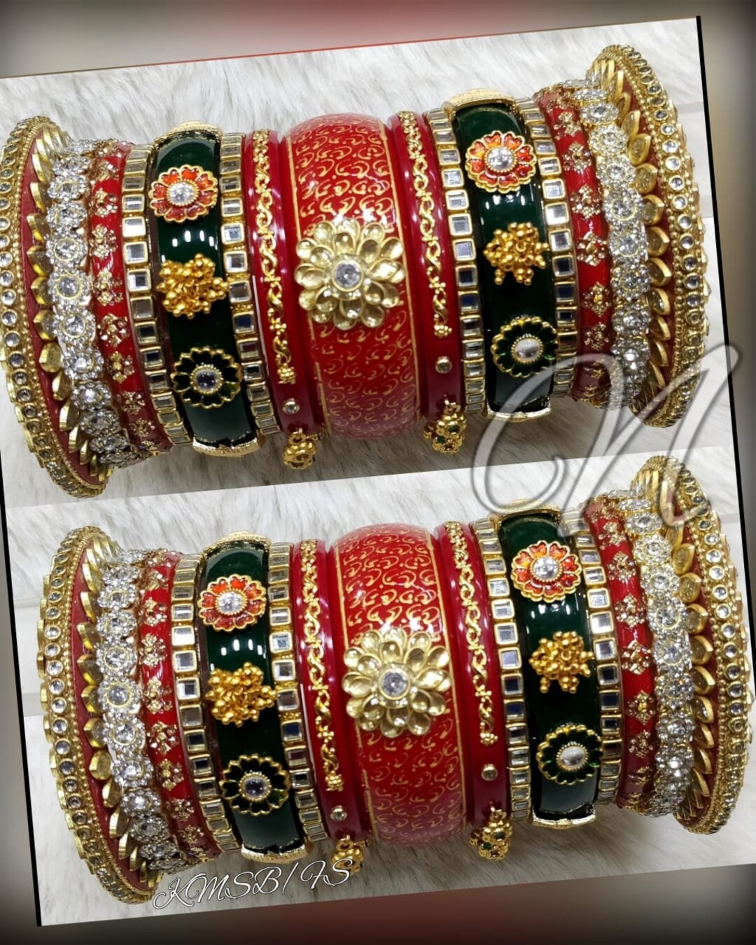 Red & Dark Green Indian Bridal Chura Set, Punjabi Style Hand