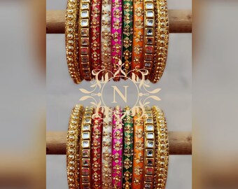 Designer Indian Multi Color Party Wear Bangles Set, Rajwadi Glass Kundan Work Wedding Chura Set, Punjab Bridal Chuda, Pakisani Eid Kanagan