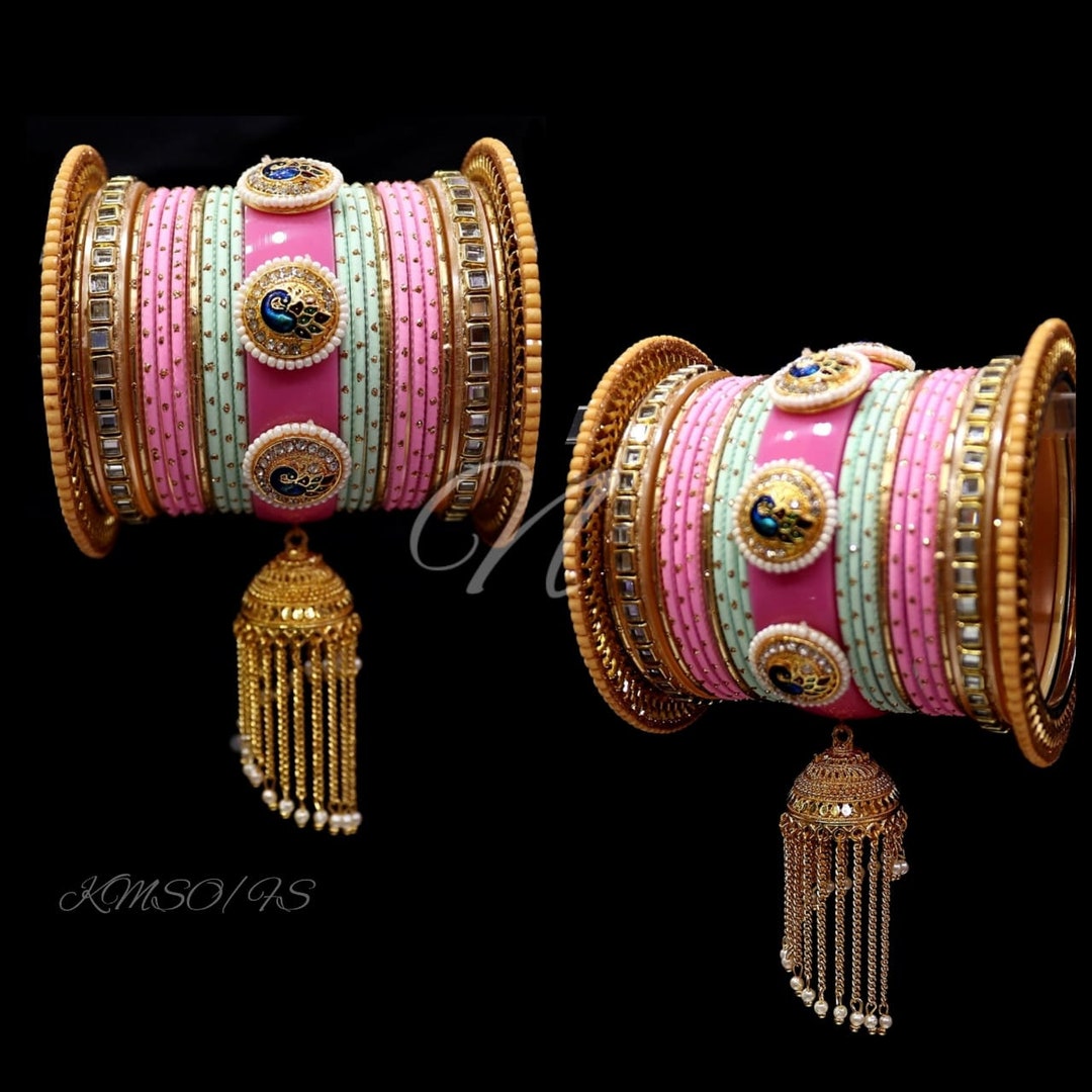 Indian Bridal Pink & Golden Bangles Set, Punjabi Wedding Handing Metal