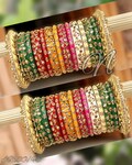 Traditional Indian Bridal Multi Color Chura, Punjabi Style Wedding Glass Kundan Work Chuda, Pakistani Colorful Designer Bangles Set