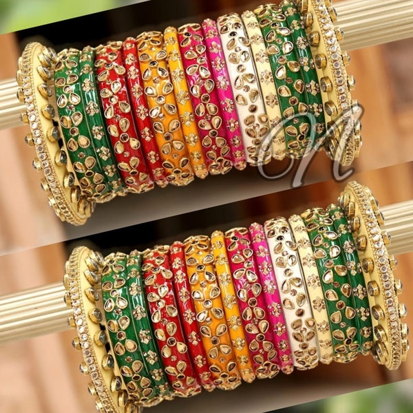 Traditional Indian Bridal Multi Color Chura, Punjabi Style Wedding Glass Kundan Work Chuda, Pakistani Colorful Designer Bangles Set