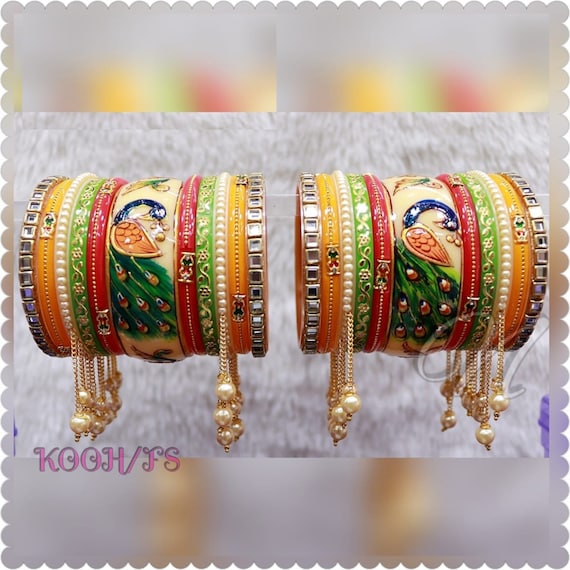 Traditional Indian Hand Painted Peacock Figure Bangles Set